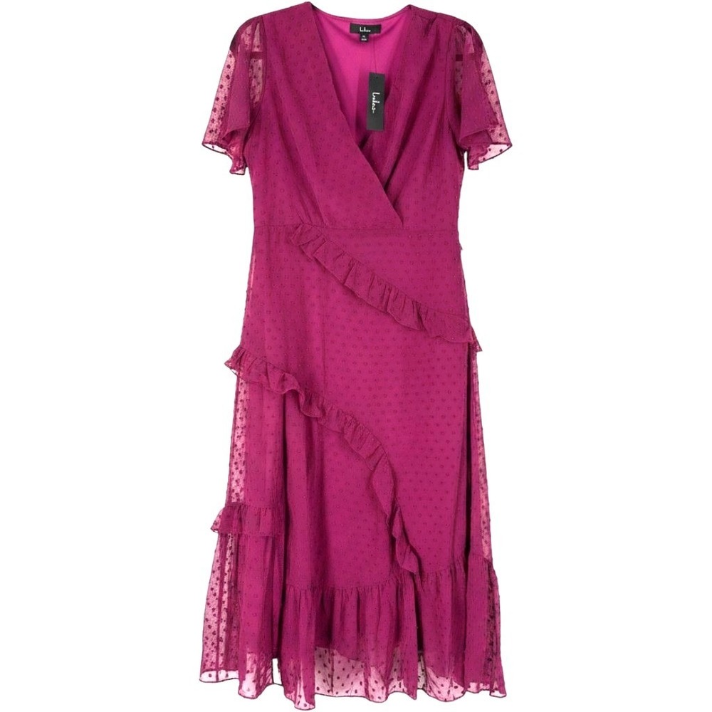 Lulu's Fuchsia Midi Wrap Dress with Ruffle Details